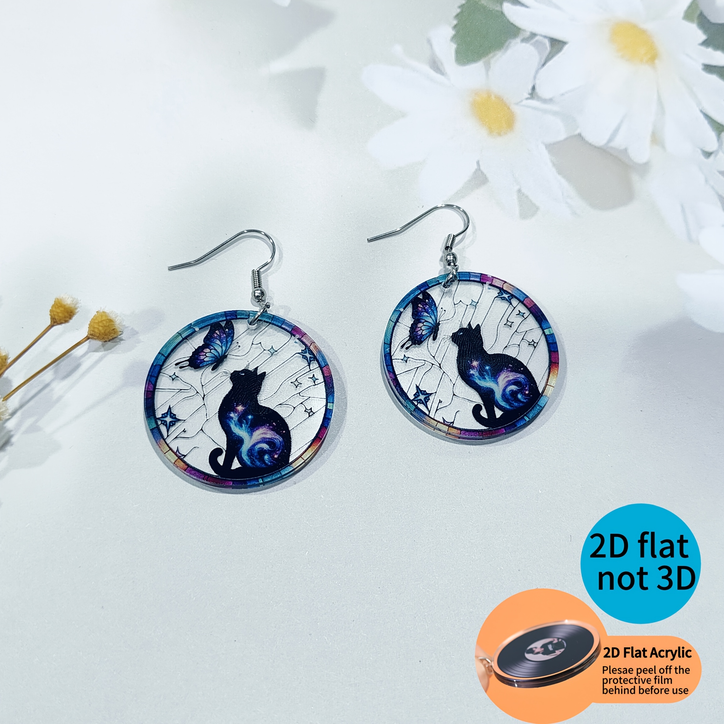 Colorful Cat and Butterfly Print Men's Dangle Earrings
